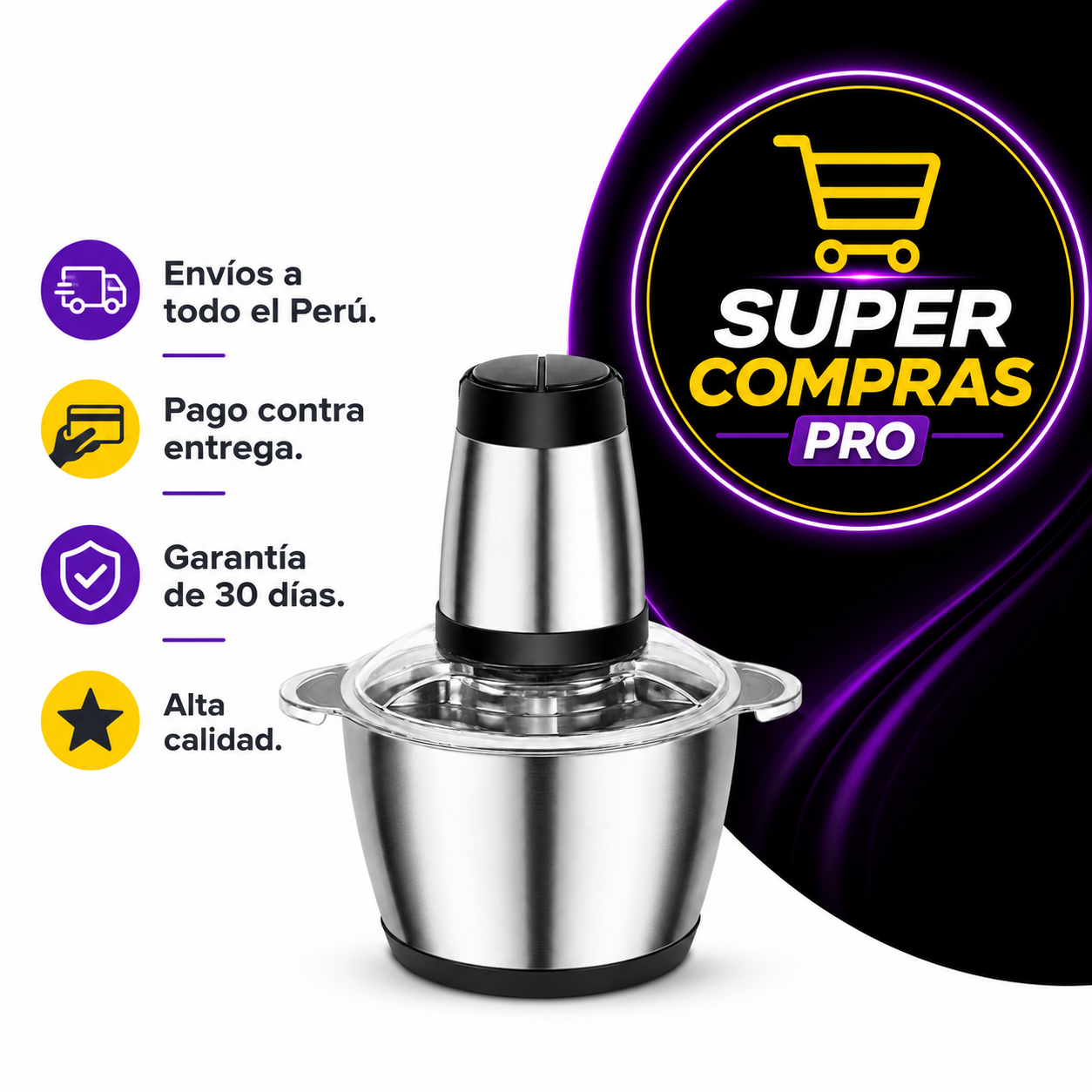 Picadora Eléctrica de Alimentos 2L de Acero Inoxidable