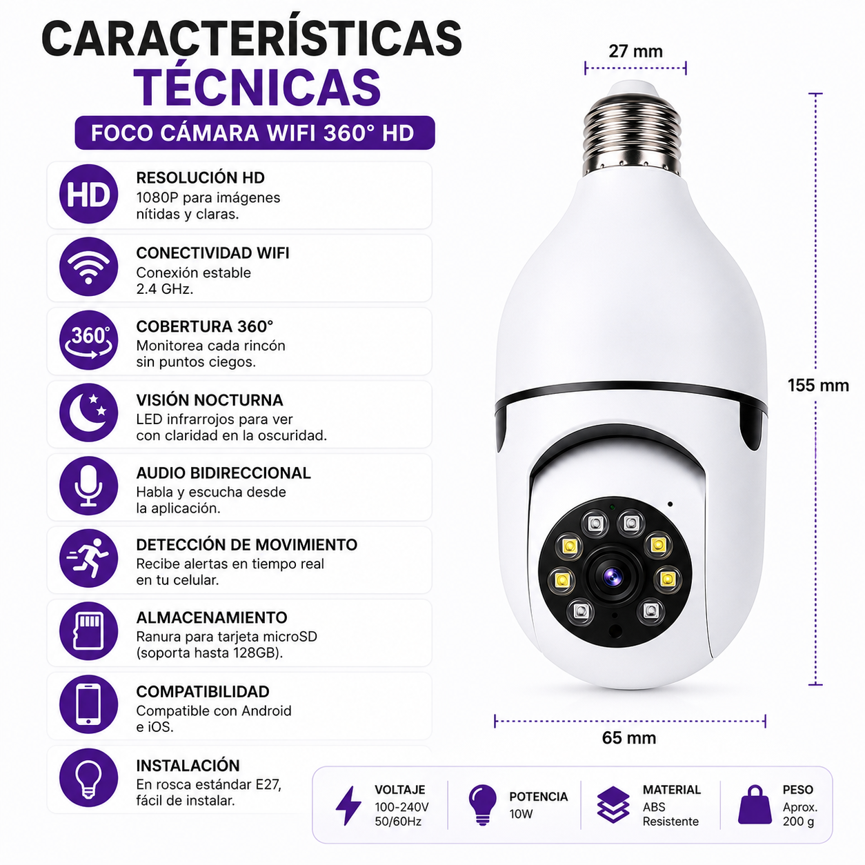 Foco Cámara WiFi 360° HD con Visión Nocturna