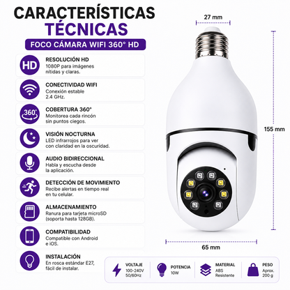 Foco Cámara WiFi 360° HD con Visión Nocturna