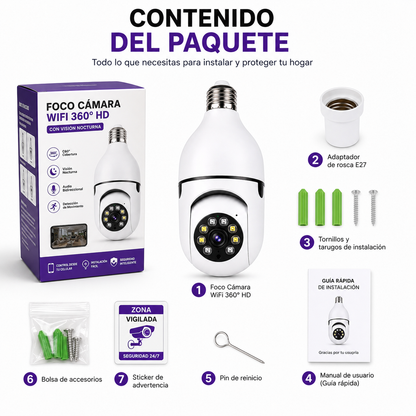 Foco Cámara WiFi 360° HD con Visión Nocturna
