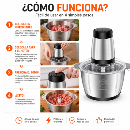 Picadora Eléctrica de Alimentos 2L de Acero Inoxidable