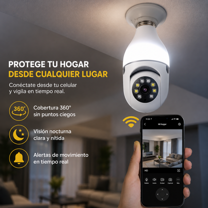 Foco Cámara WiFi 360° HD con Visión Nocturna