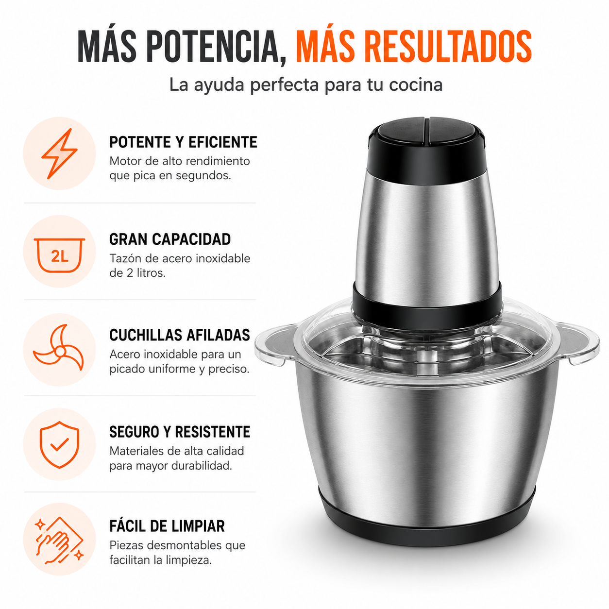 Picadora Eléctrica de Alimentos 2L de Acero Inoxidable