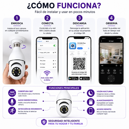 Foco Cámara WiFi 360° HD con Visión Nocturna