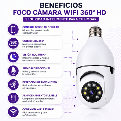 Foco Cámara WiFi 360° HD con Visión Nocturna