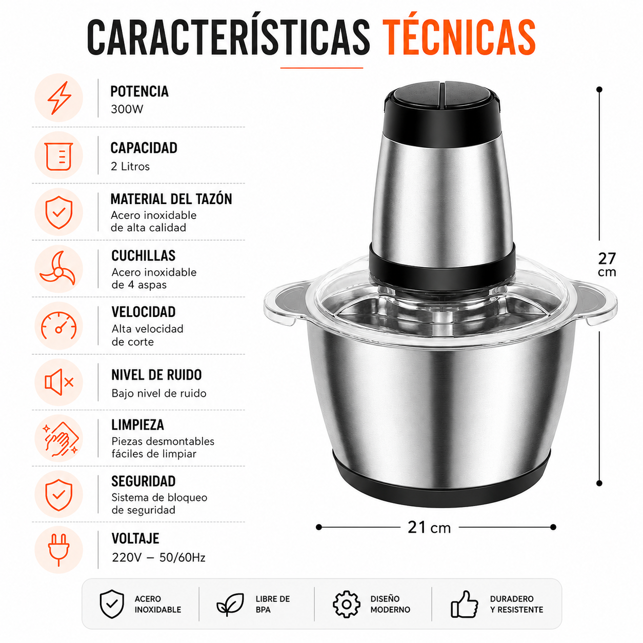 Picadora Eléctrica de Alimentos 2L de Acero Inoxidable